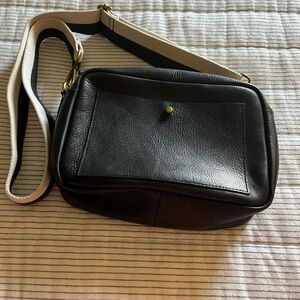 Madewell Black Leather Crossbody Bag with Striped Strap